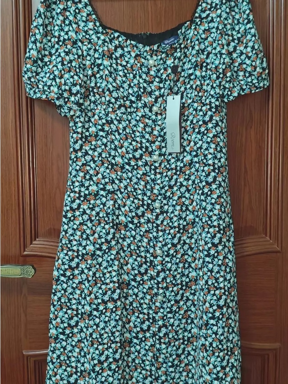 Floral Button-Front Midi Dress — Black with Mint & Rust Flowers